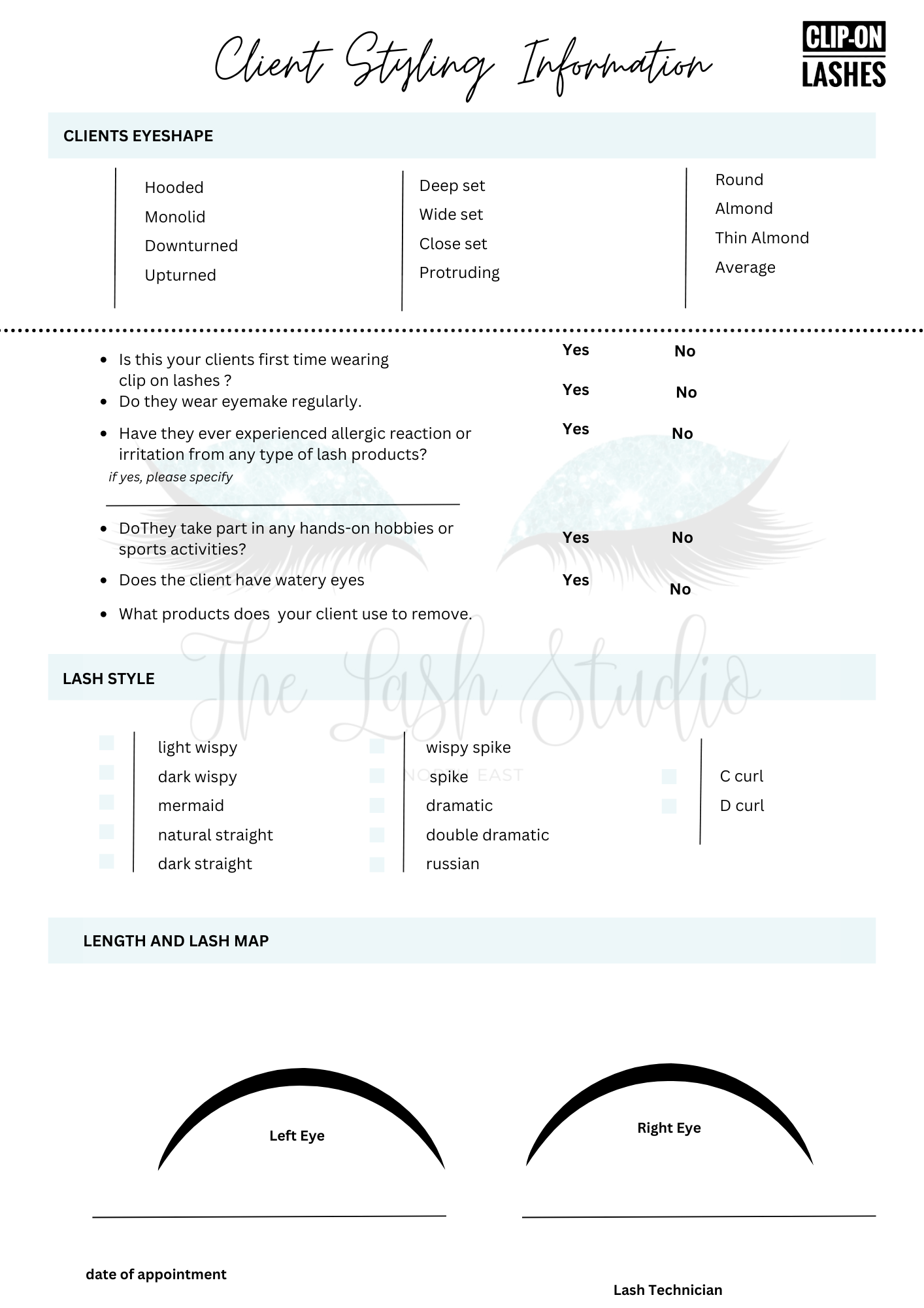 Client consultation forms | clip on lashes x25