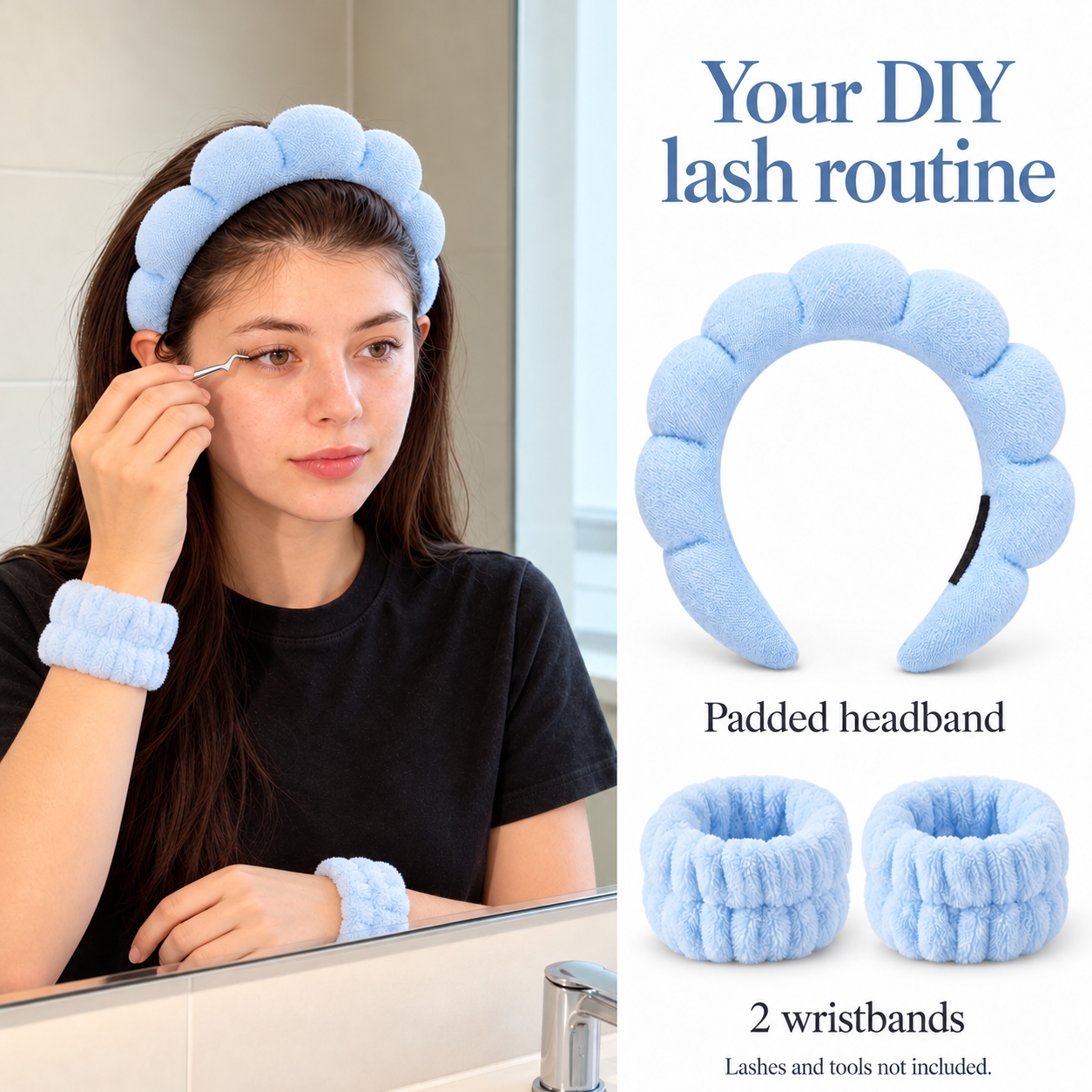 Pale Blue Beauty Headband & Wristband Set – For DIY Lash Application, Makeup & Skincare